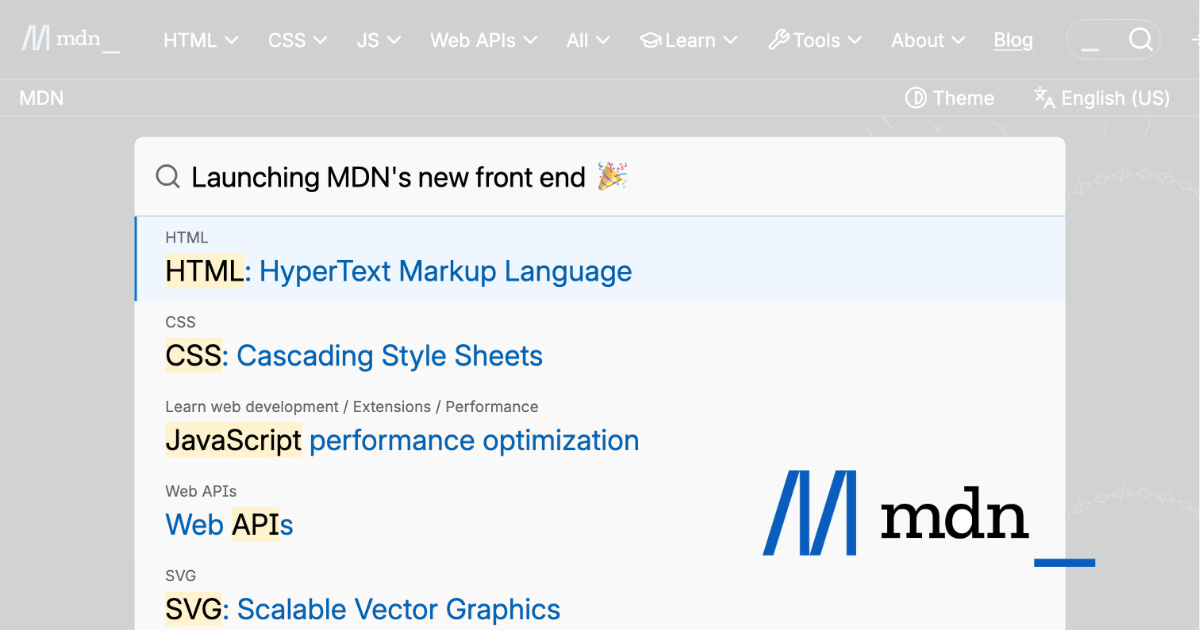 Screenshot of the new MDN homepage showing a search modal with the text 'Launching MDN's new front end 🎉' and search results for HTML, CSS, JavaScript, Web APIs, and SVG, with highlighted keywords and the MDN logo on the right.