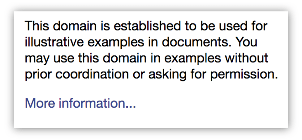 Text reading "this domain is established to be used for illustrative examples in documents. You may use this domain in examples without prior coordination or asking for permission." and a "More information" link.