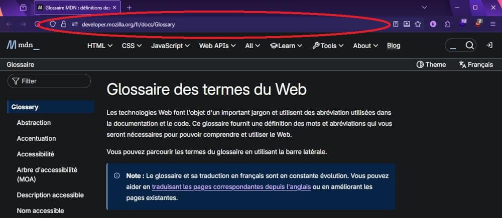 Exemple d'adresse de page web dans la barre d'adresse du navigateur